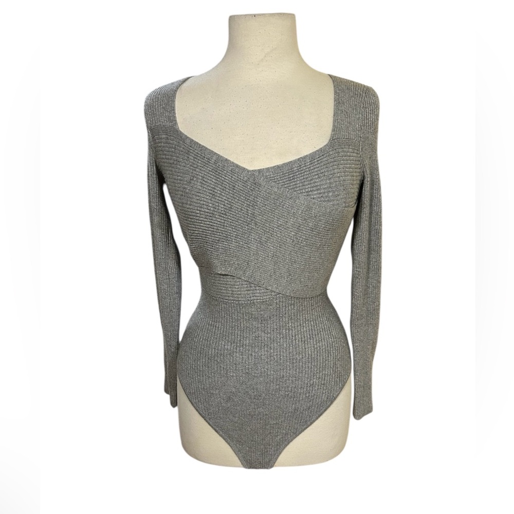 Abercrombie & Fitch Bodysuit Womens Small Gray Ribbed Thong Sweater Closet Basic